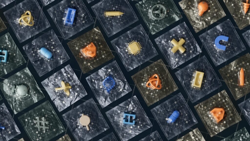 an artist’s illustration of the versatile functions of artificial intelligence. Large language models can translate many languages, from human language and code, to video, images and audio.